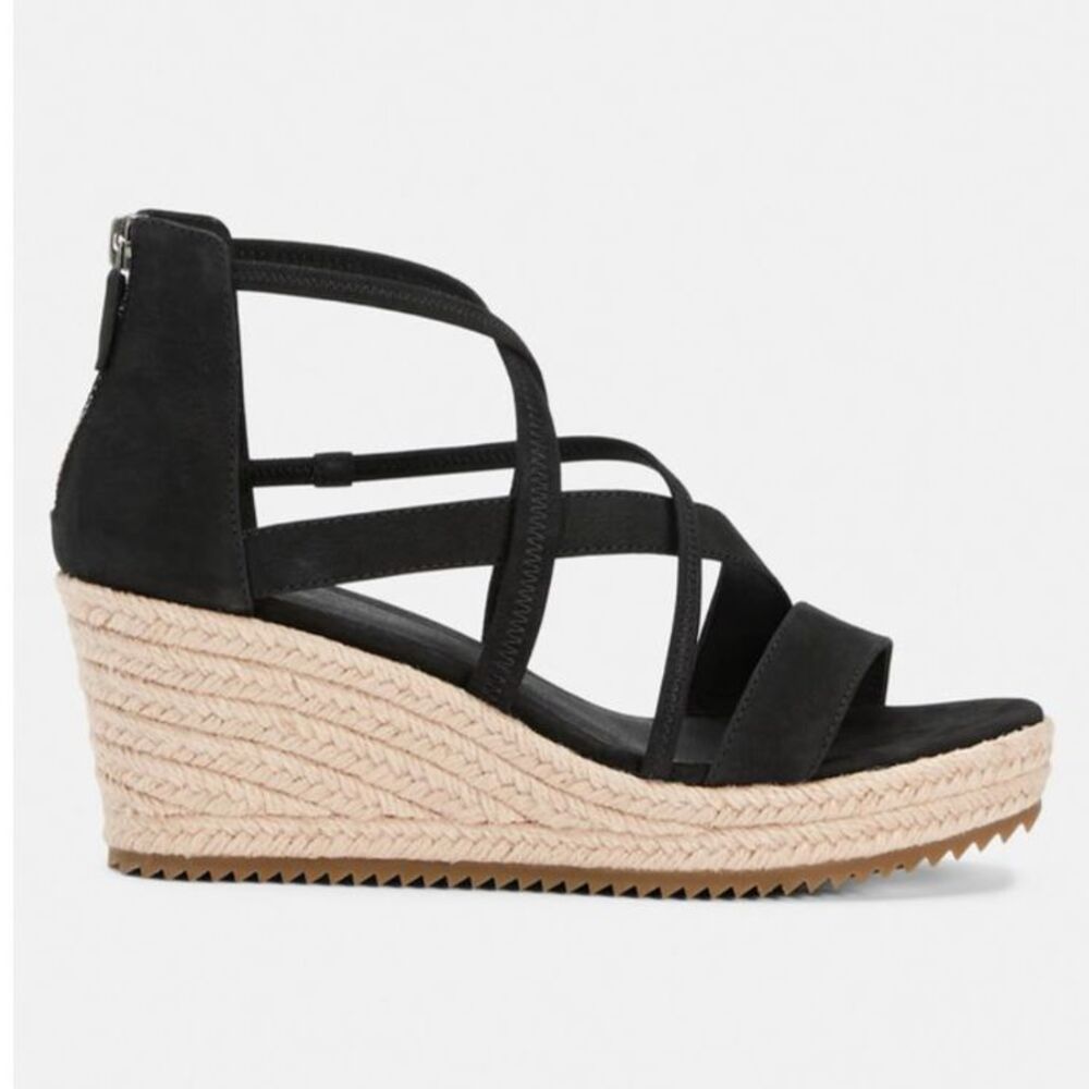 SOLDEileen Fisher Wanda Black Tumbled Nubuck Espadrille Wedge Sandals 8 new